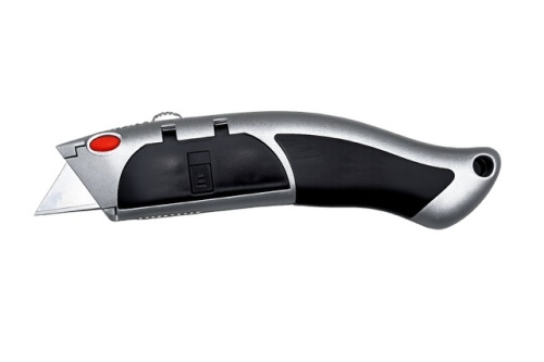 Universeel mes, metalen uitvoering met rubber greep. Zelf ladend, compleet met 10 mesjes, 1 stuk